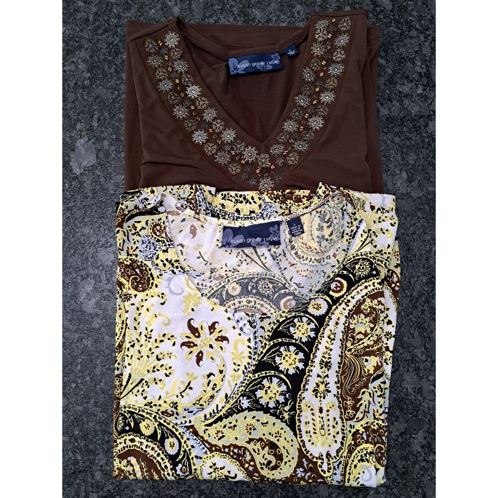 Susan Graver Liquid Knit Tops Lot of 2 Brown Beaded & Brown/Yellow Paisley Large